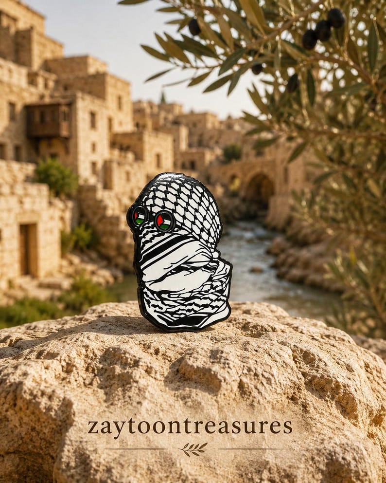 Palestine, pins, resistance, watermelon, kuffiyeh, brooches, Gaza Kuffiyeh man