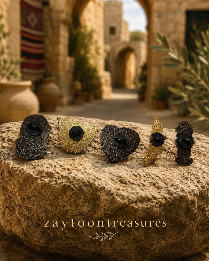 May include: Five glittery enamel pins in various shapes including a heart and map outlines, each featuring a black rubber clutch backing. The pins are displayed on a textured stone surface with the text zaytoontreasures printed at the bottom.