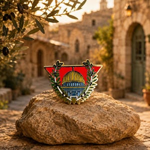 May include: A triangular enamel pin featuring a central illustration of the Dome of the Rock with a yellow dome and blue base, framed by two green olive branches on a vibrant red background, with gold-toned metal edges and a polished finish.