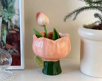 Ceramic Vase Floral Blush Ceramic Vase on Green Pedestal - Charming Home Accent Elegant Tabletop Decor