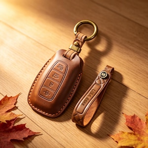 May include: A brown leather car key fob cover with embossed button icons and a matching leather keychain strap featuring the text USA 8888. The set includes a brass-toned metal ring and hardware, showcasing detailed stitching along the edges.