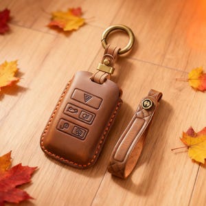 May include: A brown leather key fob and wrist strap with gold-coloured hardware. The key fob has embossed icons and a metal ring. The items are displayed on a wooden surface with colourful autumn leaves.