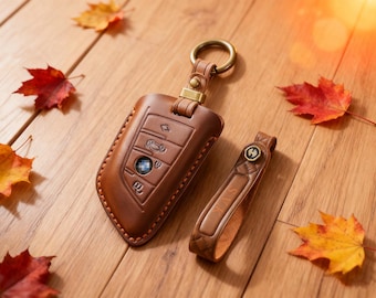 Personalized Leather Key Fob Cover Compatible for BMW X1, X3, X5, X7, 3, 5, 6, 7 Series, Handmade Car Key Case, Gift for Him/Her