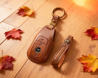 Personalized Leather Key Fob Cover Compatible for Mercedes C E S Class E300L C200L C260L GLA GLB GLC, Car Key Case, Gift for Him/Her