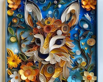Rabbit and Flowers Quilling Art, Quilled Paper Wall Decor