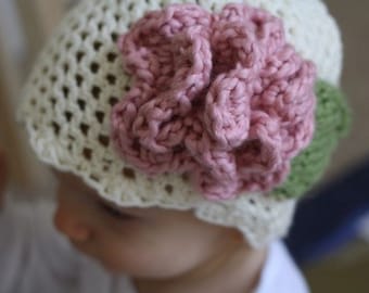 PDF Crochet Pattern for Cream Baby Hat with Pink Accent flower (Sizes: Newborn, 0-3m, 3-6m, 6-9m, 9-12m & 12-24m) Instant Download