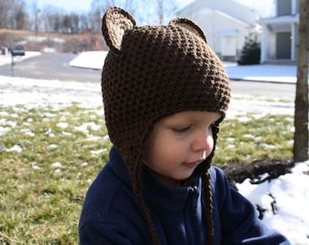 PDF Pattern for Crocheted EarFlap Bear Beanie (Sizes sm child, lg child, women, & men) Instant Download