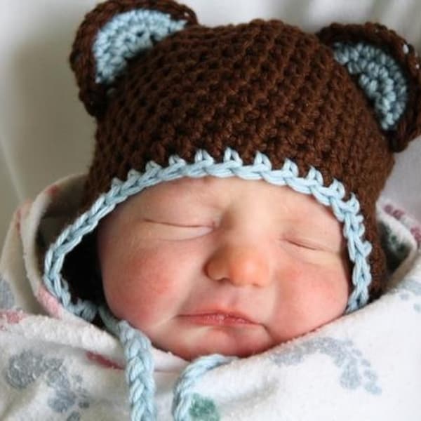 PDF Pattern for Crocheted EarFlap Bear Beanie (Sizes newborn, 0-3m, 3-6m, 6-9m, 9-12m & 12-24m) Instant Download