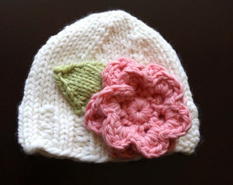 PDF Knit Pattern for Bulky Weight Cream Hat with Pink Accent flower (Sizes: Newborn to Adult Lg) Instant Download