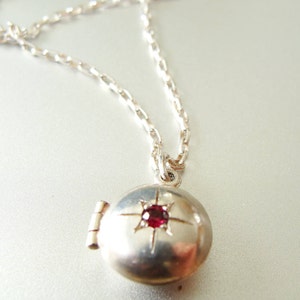 Cremation Ashes locket with garnet starburst engraved sterling Tiny locket