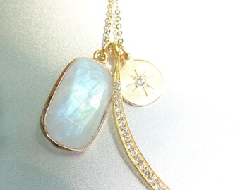 Moon charm necklace - Triple charm with rainbow moonstone