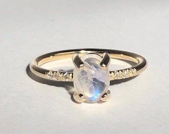 Moonstone ring/ gold and diamond ring/ rainbow moonstone dainty ring