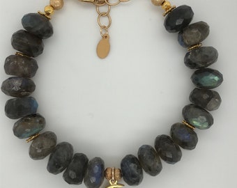 Labradorite beaded bracelet with crescent moon charm