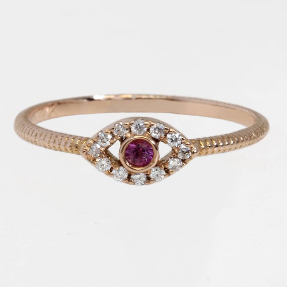 Evil eye ring 14k gold ring with diamonds and pink sapphire iris