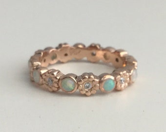 Opal diamond ring 14k rose gold eternity band flower ring wedding ring