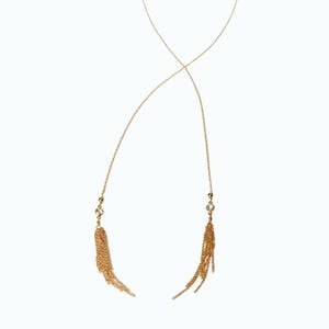 Lariat tassel necklace gold filled fringe and white topaz gemstones