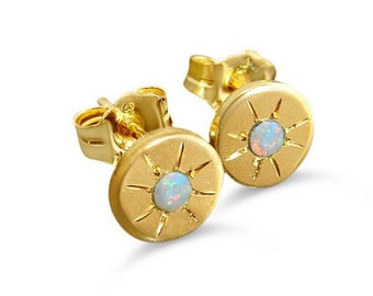 Opal stud earrings with starburst - starry eyed gold post earrings disc earrings girls earrings