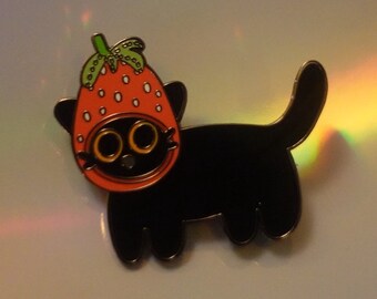 strawberry hat black cat enamel pin, cat pin, black cat, cat gifts, itabag, ita bag, black cat pins, cat pins, goth pins, spooky pins, goth