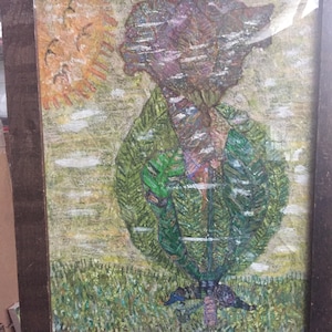 Quirky and Amusing Big Green Plant Outsider Folk art mixed media piece | Fantasy | Nature | Art Brut | Raw Art | Eclectic | Naive | Feed Me