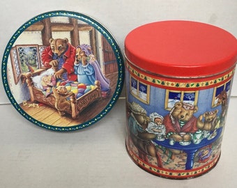 Two Vintage Bear Tin Lot | Goldilocks and the Three Bears Cookie tin and Teddy Bears and Toys canister | Vintage Nursery or Bear Collector