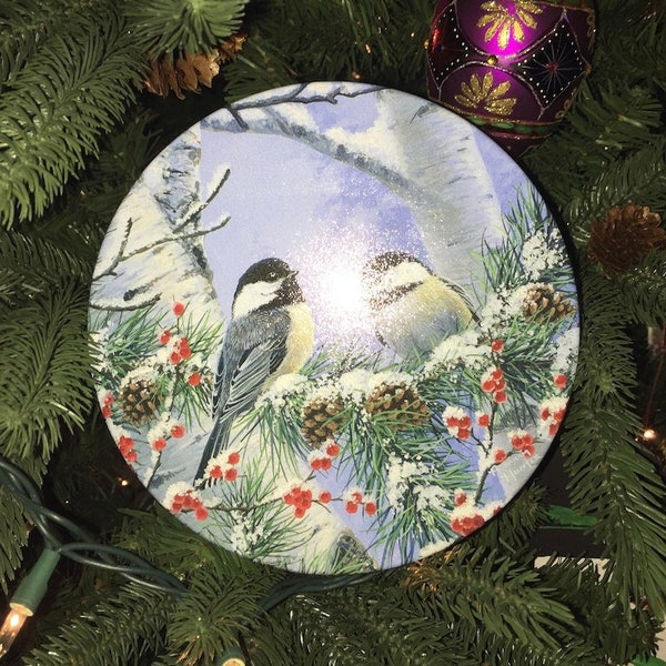 Vintage Bird in snowy branches Tin, Snow bunting, Longspur, winter birds, Trees and red berries in the snow, Birdwatching, Birding, Backyard