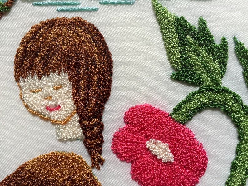 needlework 1984 Apprenticeship Sampler Kit Floating Head Vintage Quirky Thread Artists Intl Mountain Tree Dancing Flower Embroidery