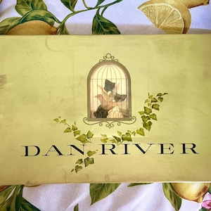 Vintage Dan River pillowcase set, original box with felt and feather bird, Fine cotton muslin embroidered cage design. light blue, linens