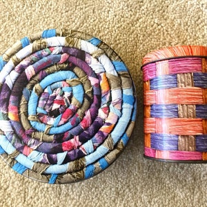 Trompe l&#39;oeil Fiber art vintage tins lot | Rag Rug mandala image and woven basket image on tin containers | Great for Fiber artist storage