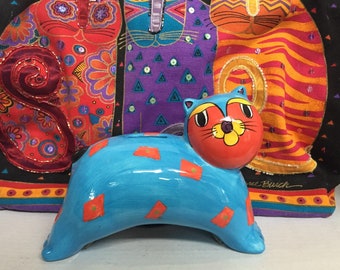 Vintage Milson and Louis Standing Colorful Hand Painted Cat Coin Bank - Laurel Birch Style | Happy Turquoise and Orange Smiling Spotted Cat