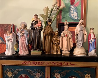A Vintage Collection of Christian, Catholic Statuary, chalkware, porcelain, Saints, angel, Devotional Decor, St. Anthony, St. Dymphna, Mary