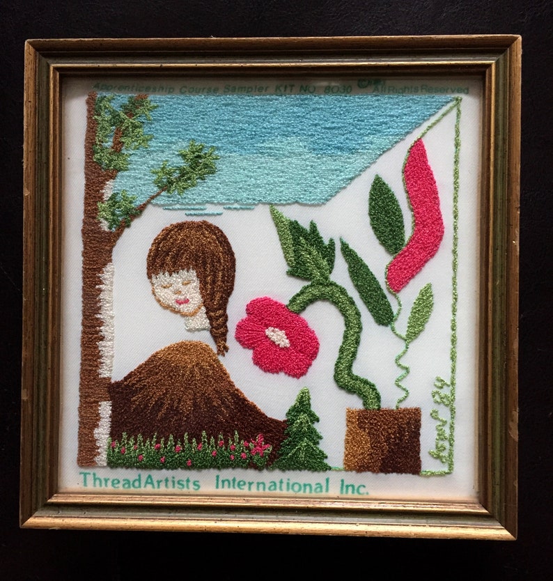 needlework 1984 Apprenticeship Sampler Kit Floating Head Vintage Quirky Thread Artists Intl Mountain Tree Dancing Flower Embroidery