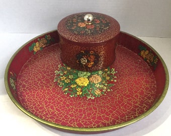 Red Crackle Finish | Floral Vintage Daher Tray and Canister set | England | Long Island, NY | Decorated Ware | Vintage Kitchen | Decor ware