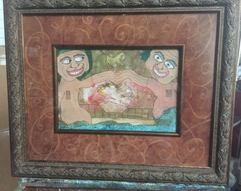 Persone felici e splendenti che si tengono per mano - Arte outsider Arte popolare Arte naif