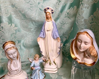 Mary Mary Mary, all kinds of Virgin Marys and Madonna and Child, rhinestones, gold gilt, Japan, Lefton, Nancy Pew, Chrisitan, Catholic Altar