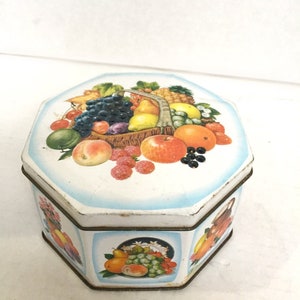 Vintage Embossed Fruit Basket Vintage Octagon tin | peaches, apples, plums, raspberries, cherries, pineapple, berries | England Farmhouse