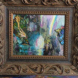 Antique Rainbow Landscape mixed media original by Anne Cameron Cutri | Rainbows | Fairies | Neverland | Water Reflections | Imaginative