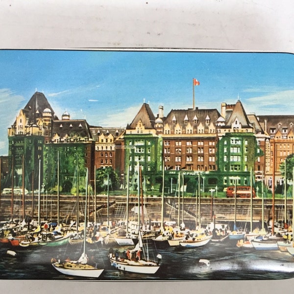 Vintage The Empress Victoria, British Columbia, Canada, Canadian port town, sailboats, bay, Castle on the Coast, Collectible Advertising tin