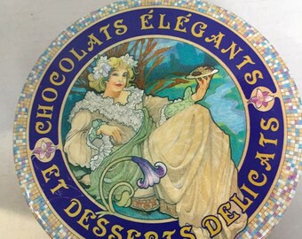 Vintage Art Nouveau French Chocolats Elegants Et Desserts Delicats chocolate cookie biscuit tin | Art Nouveau Woman with flowers in her hair