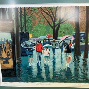 May include: A colorful painting depicts a rainy day scene with people walking under umbrellas. The artwork features a vibrant palette of blues, greens, and reds, with reflections in the water. The painting captures the atmosphere of a city street during a downpour.