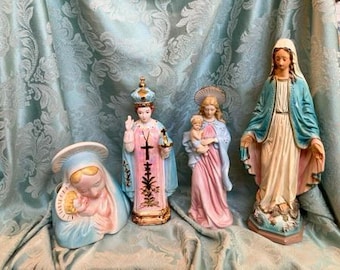 Light Blue and Pink Madonnas and Infant of Prague, great for a vintage nursery or decor! Choose from four different, in ceramic & chalkware