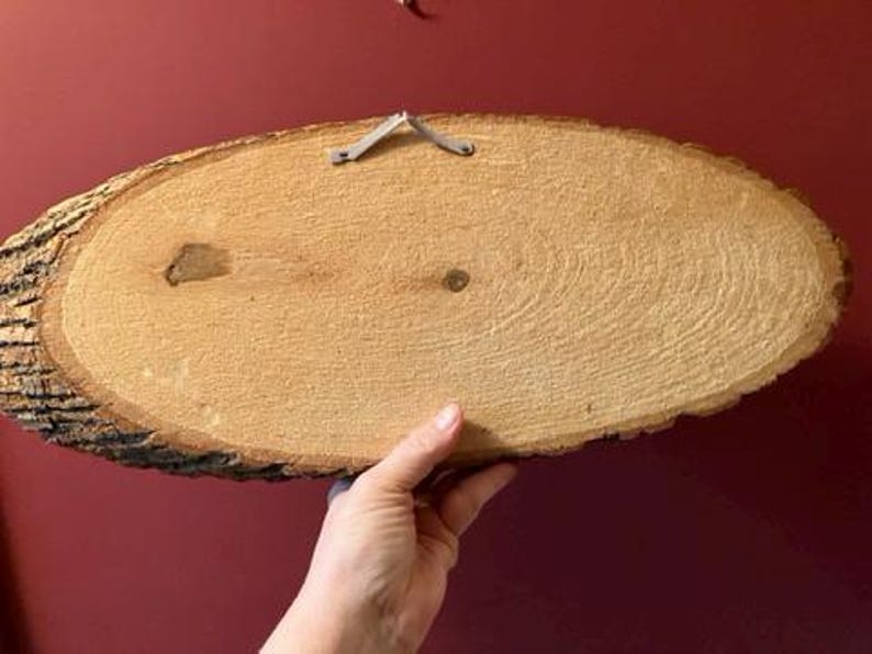 May include: Oval-shaped wooden plaque with a natural bark edge. The light brown wood grain is visible, and a metal hanger is attached to the top. The plaque is held by a hand, showcasing the wood's texture and color.