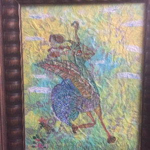Pájaro exótico de gran tamaño Arte popular marginal Obra de arte en técnica mixta / Pájaro alegre corriendo / Fantasía / Ingenuidad / Art Brut / Maravilla / Un puente hacia Terabithia