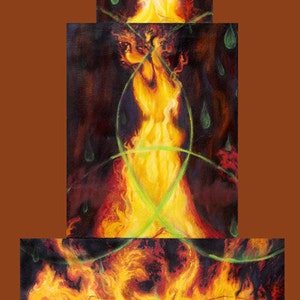 May include: An abstract painting of fire in shades of orange, yellow, and red. The artwork is divided into three sections, with the top section showing a white flame. The artist's name, ANNE CUTRI FINE ART, is at the top.