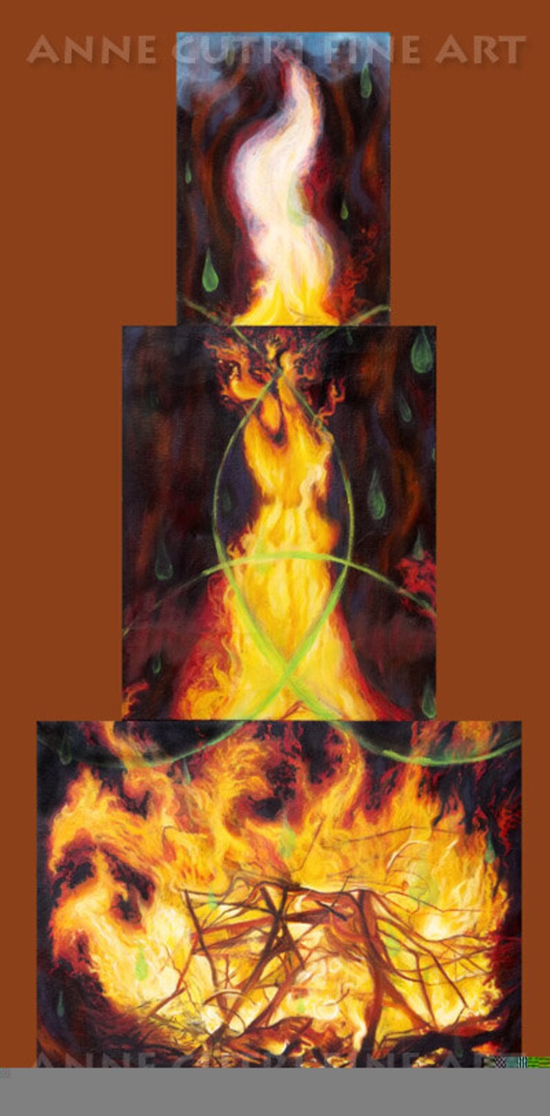 K&ouml;nnte beinhalten: Abstrakte Malerei von Feuer in Orange-, Gelb- und Rott&ouml;nen. Das Kunstwerk ist in drei Teile unterteilt, wobei sich im oberen Bereich eine wei&szlig;e Flamme befindet. Der Name des K&uuml;nstlers, ANNE CUTRI FINE ART, ist oben zu sehen.