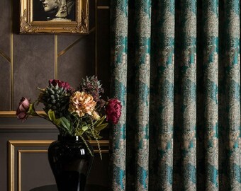 Emerald Green Gold Black Curtains Panel, Damask Vintage Luxury Curtains, Custom Size Drapes
