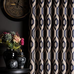 Navy Blue White Luxury Linen Curtains, 6 Color, Geometric Embroidered Curtains for Livingroom & Bedrooms, Rod Pocket Back Tabs Grommet