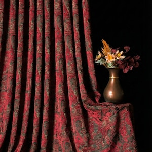Burgundy & Dark Green Victorian Chenille Curtains Panel, Luxury Vintage Retro Drapes, Custom Size Elegant Window Curtains, Dining Room Decor