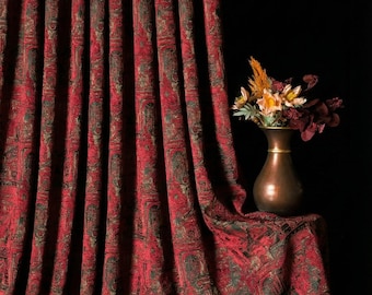 Burgundy & Dark Green Victorian Chenille Curtains Panel, Luxury Vintage Retro Drapes, Custom Size Elegant Window Curtains, Dining Room Decor