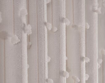 Embroidered White Linen Curtains, Boho Tasseled White Drapes, Custom Size Window Treatment