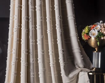 White Beige Cream Tasseled Linen Curtains, Luxury Boho Fringed Drapes for Living Room & Bedroom, Custom Size Panel
